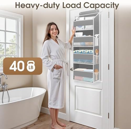 1 Pack Over The Door Organizer, Hanging Storage Organizer with Clear Window, 40lb Ultra Sturdy Large Capacity Room Organizer for Pantry Laundry Bathroom Nursery Closet Baby Essential (Grey)