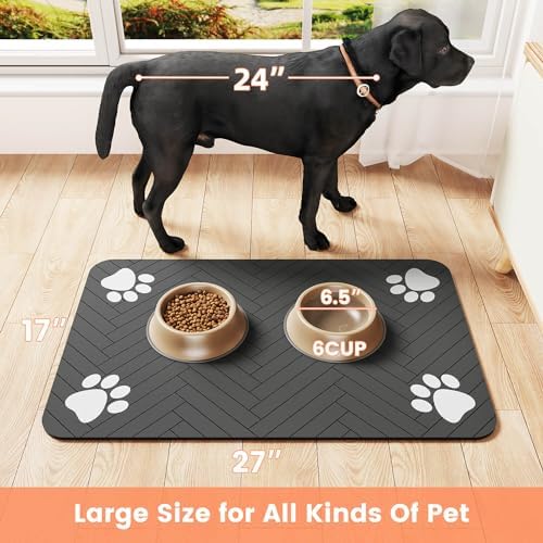 Pet Feeding Mat-Absorbent Pet Placemat for Food and Water Bowl, with Waterproof Rubber Backing, Quick Dry Water Dispenser Mat for Dog and Cat (17"x27", Striped Dark Gray)