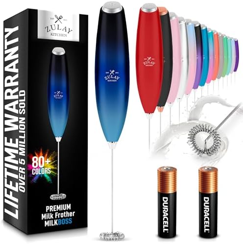 Zulay Kitchen Milk Frother Wand (2 Batteries Included), Handheld Drink Mixer - Easy-Clean & Electric Coffee Frother for Frappe, Matcha - Black/Dark Blue/Teal Blend