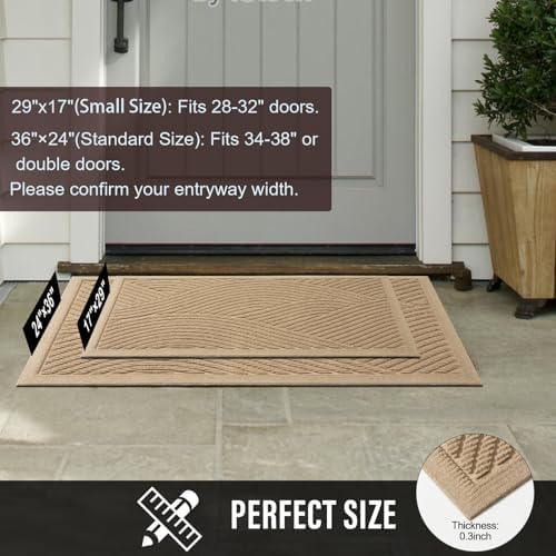 Sturdy Front Door Mat, Absorbent Muddy Dirt Resist Welcome Door Mats Outdoor Indoor, Stain and Fade Resistant, Non-Slip Backing Entry Mat Low Profile Doormat for Entryway, 29×17, Beige