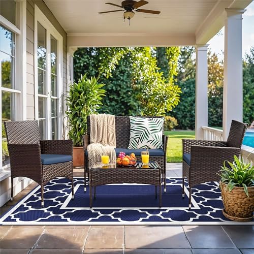 GENIMO 5' x 8' Outdoor Rug Waterproof for Patio Decor, Foldable Reversible Plastic Straw Area Rugs Mat for Camper, Outside Carpet for Rv, Deck, Porch, Picnic, Beach, Balcony, Blue & White