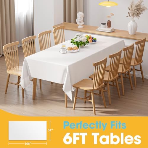 White Plastic Table Cloth - 8 Pack 54" × 108" Rectangle Disposable Tablecloths for 6FT Tables, Waterproof Table Cover for Party, Holiday & Gathering Use