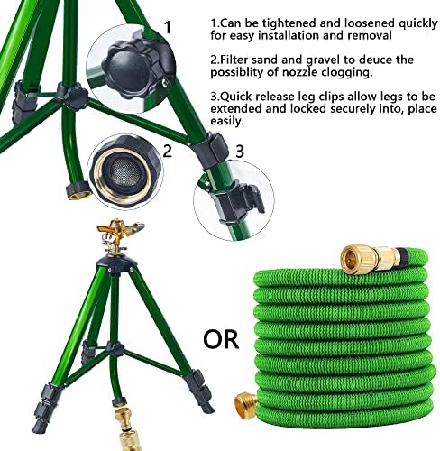 Hourleey Impact Sprinkler on Tripod Base, 2 Pack Heavy Duty Sprinklers for Lawn Yard Garden, 0-360 Degree Large Area Coverage, 3/4 Inch Connector Extension Legs Flip Locks with Brass Head