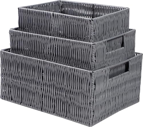 Plastic Wicker Basket Set of 3, Handmade Storage Basket for Organizing with Handles, Storage Bins for Home Kitchen Countertop, Shelf Organizer, Waterproof, Gray