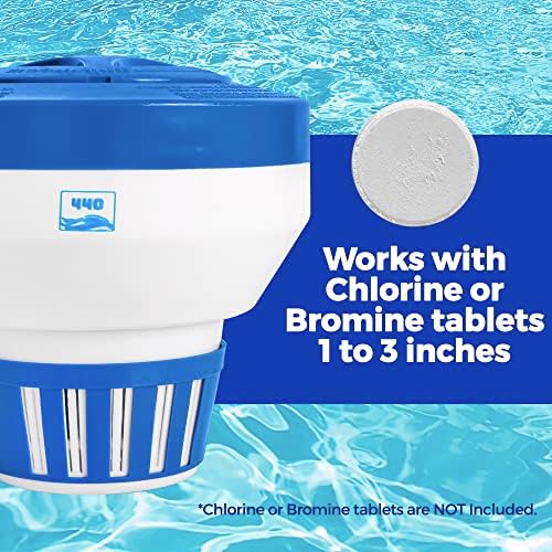 440 Pool Chlorine Floater Dispenser, Fits Up to 5 Pieces of 3-Inch Chlorine Tabs, Adjustable Flow, Control, Heavy-Duty Plastic - Suitable for Small & Large Pools - 9.6 Ounces