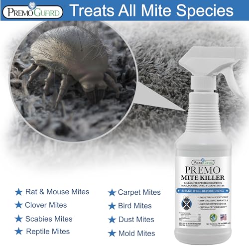 Premo Guard Mite Treatment Spray – 16 oz – Kills Dust, Scabies, Spider, Carpet, Bird, Mouse & Rat Mites in Home, on Furniture, Bedding – Natural Non-Toxic 100% Effective – Child & Pet Safe