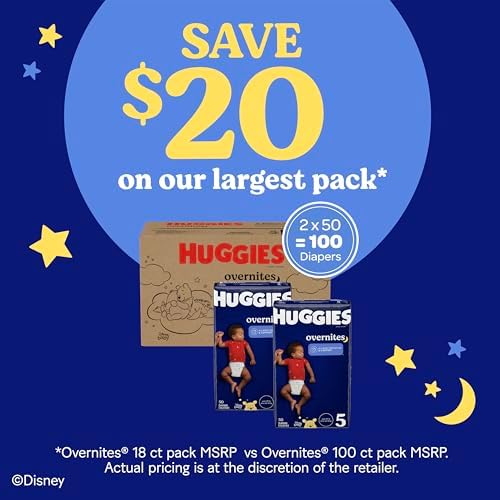 Huggies Size 5 Overnites Baby Diapers: Overnight Diapers, Size 5 (27+ lbs), 100 Ct (2 Packs of 50), Packaging May Vary