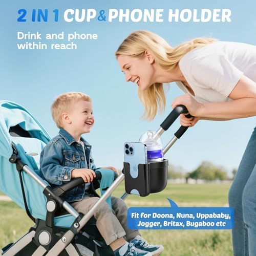 Guiseapue 2 Packs Cup Holder for Walker: Stroller Cup Holder Attachment with Phone Holder, Wheelchair/Stroller Accessories for Uppababy, Nuna, Doona, Bike, Scooter, Baby Travel Essential