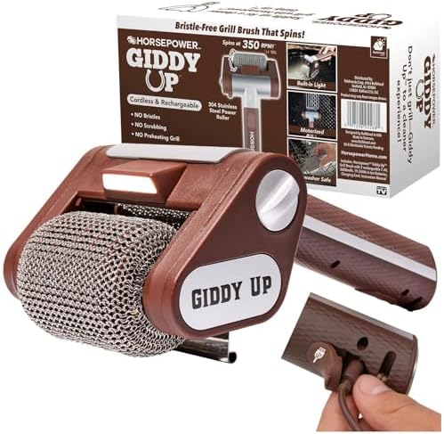 HorsePower Giddy Up Grill Cleaner AS-SEEN-ON-TV! – Cordless, Rechargeable BBQ Tool with 350 RPM Stainless Roller, LED Light – Patents Pending – From BulbHead, a Family-Owned American Brand