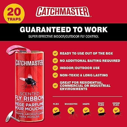 Catchmaster Fly Ribbon 20-Pack, Bug & Fruit Fly Traps Outdoor and Indoor, Premium Adhesive Sticky Strips & Gnat Hanging Strips, Bulk Scented Flying Insect Paper Rolls, Non Toxic Home Pest Control