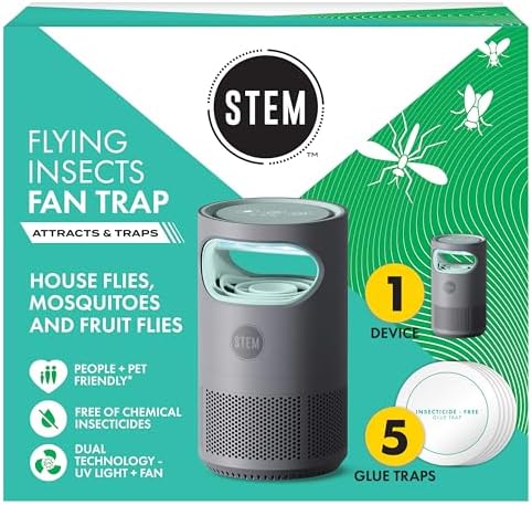 STEM Flying Insect Fan Trap for Indoor Bug Control, Attracts Mosquitoes, Fruit Flies, and House Flies, Plug-in Fan with UV Light, Starter Kit Includes 1 Device and 5 Glue Traps