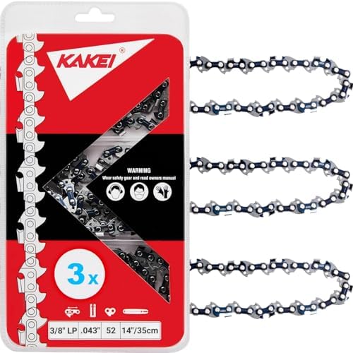 KAKEI 14 Inch Chainsaw Chain 3/8" LP Pitch .043" Gauge 52 Drive Links Fits EGO CS1400/1401, Makita XCU03, Worx WG384, Milwaukee M18(2727-20), Kobalt, Ryobi - 49162749, R52 (3 Chains)