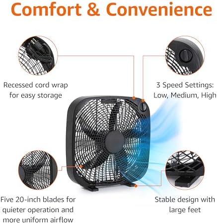 Amazon Basics 3 Speed Box Fan, Indoor Electric Fan for Home Cooling, 5 Blades, Lightweight Design, 67 Watts, 20-Inch, Black, 6.8"D x 20.86"W x 21.33"H
