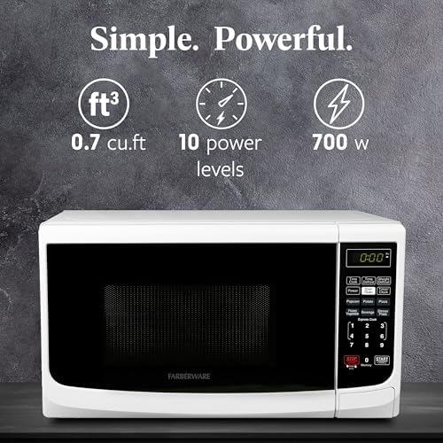 Farberware Countertop Microwave 700 Watts, Cu. Ft. - Microwave Oven With LED Lighting and Child Lock - Perfect for Apartments and Dorms - Easy Clean Grey Interior, Retro White