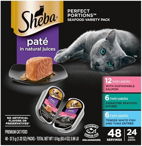 Sheba Perfect Portions Wet Cat Food Pate with Sustainable Salmon, Signature Seafood Entree, and Tender Whitefish and Tuna Entree Variety Pack, 2.6 oz. Twin Pack Trays (24 Count, 48 Servings)