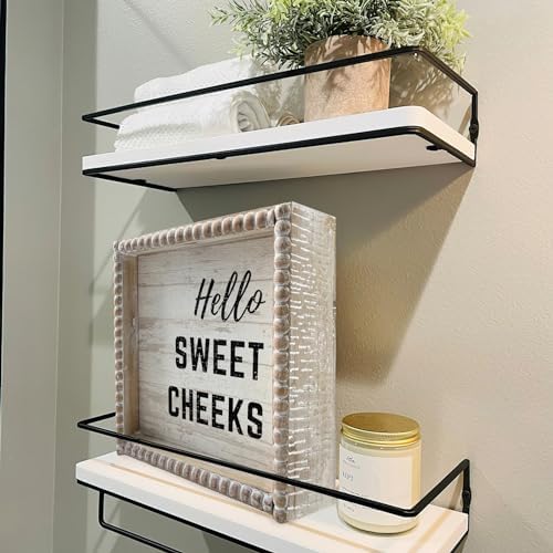 Boho Farmhouse Wooden Framed Bathroom Decor Signs, Funny Restroom Decorative Plaque Small Cute, Toilet Rules Shelf Decoration (Hello Sweet Cheeks)
