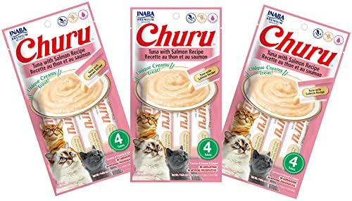INABA Churu Cat Treats, Grain-Free, Lickable, Squeezable Creamy Purée Cat Treat/Topper with Vitamin E & Taurine, 0.5 Ounces Each Tube, 12 Tubes (4 per Pack), Tuna with Salmon Recipe