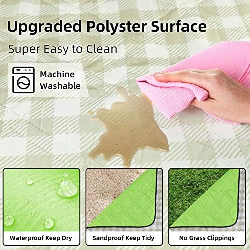 ZAZE Extra Large Picnic Outdoor Blanket, 80''x80'' Waterproof Foldable Blankets Gingham Picnic Mat for Beach, Camping Grass Lawn Park Accessories Cute Couple Gifts Ideas Wedding Registry(Green White)