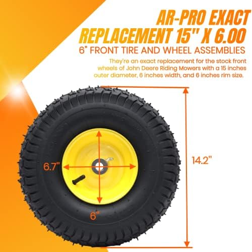 AR-PRO Exact Replacement 15" x 6.00-6" Front Tire and Wheel Assemblies Compatible with John Deere Riding Mowers 100 and D100 Series - 3" Centered Hub and 3/4" Bushings, 4Ply Pneumatic (Set of 2)