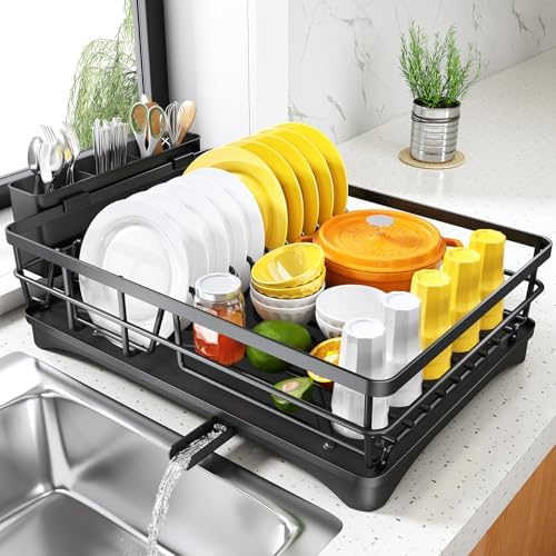 Dish Drying Rack for Kitchen Counter - Large Dish Rack with Drainboard, Rustproof Dish Drainer with Utensil Holder for Sink, Black