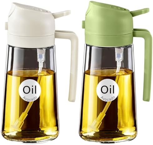 YARRAMATE 2Pcs 16oz/470ml 2 in 1 Oil Sprayer for Cooking with Stickers, Food-grade Glass Oil Spray Bottle, Oil Dispenser and Oil Sprayer for Kitchen, Salad, Frying, BBQ (White & Green)