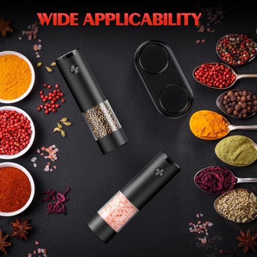 Electric Salt and Pepper Grinder Set Automatic Battery Pepper Mill Shakers Adjustable Coarseness Easy Filling Upgraded Larger Capacity with Led (2 Pack Black/Black)