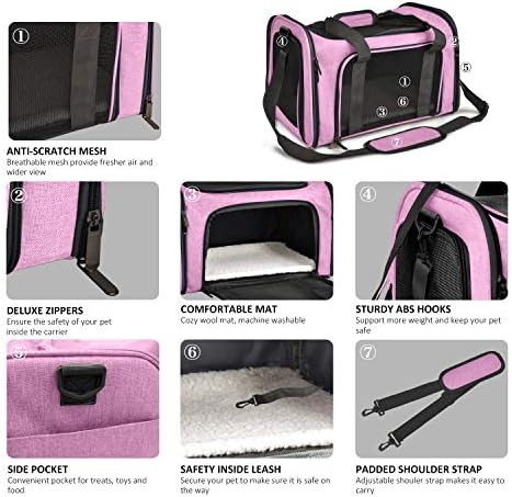 Pet Carrier for Small Medium Cats Dogs Puppies up to 15 Lbs, TSA Airline Approved, Soft Sided, Collapsible Travel - Pink