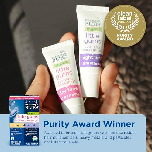 Mommy's Bliss Organic Little Gums Soothing Massage Gel Day and Night Combo, Great for Teething Babies, Age 2 Months+, Sugar Free, Mild & Sweet Flavor, 2 - 0.53 Oz Tubes (Pack of 1)