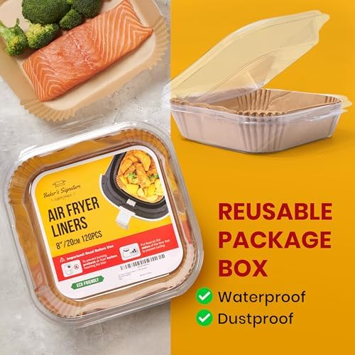 Air Fryer Paper Liners, 125Pcs Air Fryer Disposable Liners, Non-Stick and Oil Proof for Easy Cleanup, 8” Square for 5-8 qt Basket by Baker's Signature