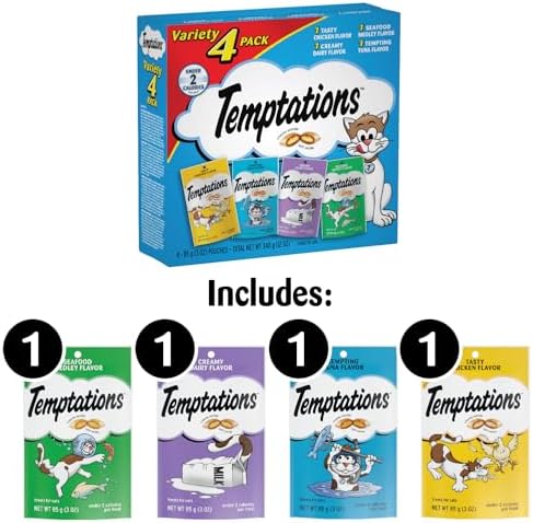 Temptations Classic Crunchy and Soft Cat Treats Feline Favorites Variety Pack, 3 oz. Pouches (Pack of 4)