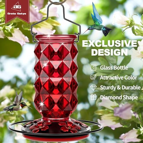 Glass Hummingbird Feeders for Outdoors Hanging, 25Oz Bird Nectar Feeder with Perch & 5 Flower Feeding Ports Leak Proof Hanging for Garden Backyard Decor, Gifts for Women Mom, Red