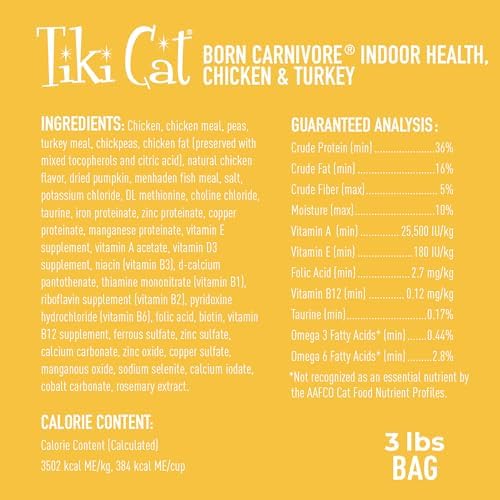 Tiki Cat Born Carnivore High Protein, Indoor Health, Chicken and Turkey Meal Recipe, Grain-Free Baked Kibble to Maximize Nutrients, Dry Cat Food, 3 lb. Bag