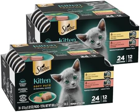 Sheba Perfect Portions Kitten Wet Cat Food Pate Chicken Entree and Salmon Entree, 2.6 oz. Twin-Pack Trays (12 Count, 24 Servings) (Pack of 2)