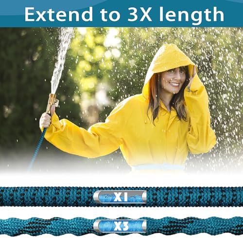 100 ft Expandable Garden Hose - 2025 New Kink Free Flexible Water Hose 100ft with 10 Pattern Spray Nozzle, 3/4 Solid Brass Connectors, Retractable Latex Core - Lightweight Expanding Hose