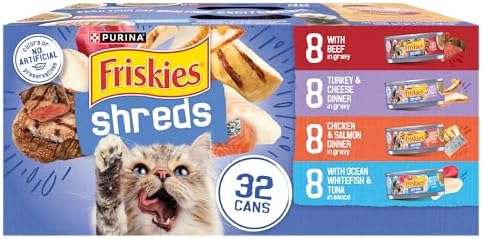Purina Friskies Gravy Wet Cat Food Variety Pack, Savory Shreds With Beef, Turkey and Cheese Dinner, Chicken and Salmon Dinner, With Ocean Whitefish and Tuna - (Pack of 32) 5.5 oz. Cans
