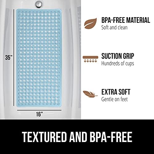 GORILLA GRIP Patented Bath Tub Shower Mat, Machine Washable Bathtub Floor Liner Mats, Suction Cups and Drain Holes to Keep Tubs Clean, Soft on Feet, Bathroom Essentials, 35x16 Inch, Clear Blue