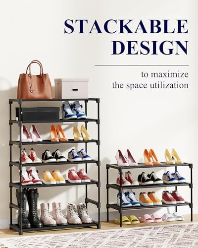 Kitsure Shoe Rack - Premium Non-Woven Shoe Rack Shelf, Shoe Organizer for Closet, Entryway, Garage & Corridor, Sturdy & Durable Long Stackable Shoe Shelves, Medium, Black