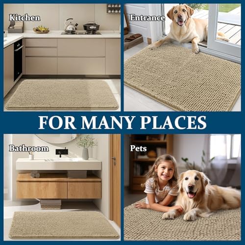OLANLY Dog Door Mat for Muddy Paws 30x20, Absorbs Moisture and Dirt, Absorbent Non-Slip Washable Doormat, Quick Dry Chenille Mud Mat for Dogs, Entry Indoor Entryway Carpet for Inside Floor, Beige