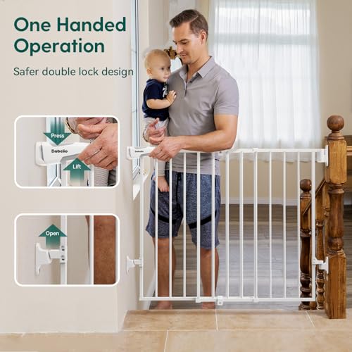 Babelio 26-43" No Bottom Bar Baby Gate for Babies, Elders and Pets, 2-in-1 Hardware Mount Dog Gate for The House, Stairs and Doorways, with Large Walk Thru Door, White