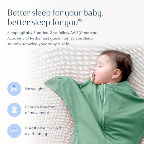 SleepingBaby Zipadee-Zip Transition Swaddle - Cozy Baby Swaddle Blanket with Zipper Convenience - Roomy Wearable Blanket for Easy Diaper Changes - Basil, Small (4-8 Month)