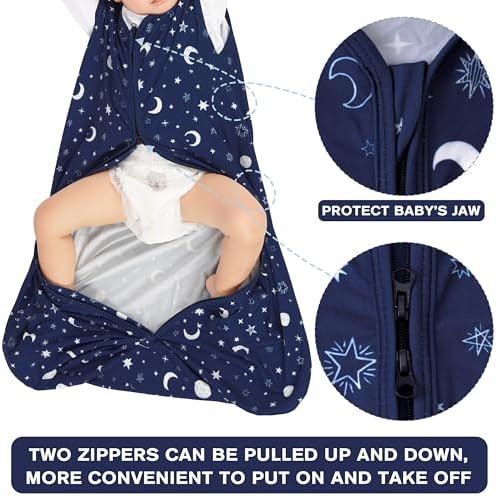 3 Pack Baby Sleep Sack 6-12 Months 100% Rayon Cotton Baby Sleeping Bag 2-Way Zipper Toddler Wearable Blankets Comfy Stretchy Lightweight TOG 0.3 (Purple&Clouds&Starry Sky)