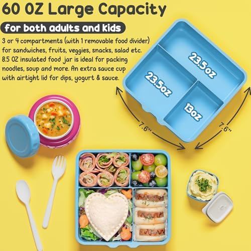 Fimibuke Bento Box for Kids Adult, BPA Free & Leakproof Toddler Lunch Box with 8.5oz Insulated Thermos Food Jar, Utensils & Sauce Jar, Dishwasher Safe 3 or 4 Compartment Container for School Girl Boy