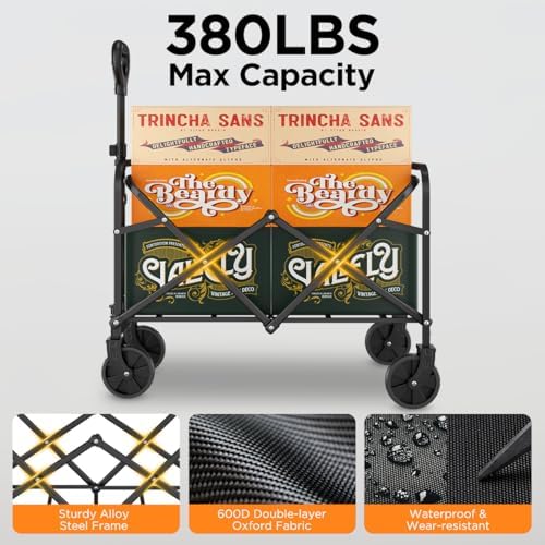 Heavy-Duty Collapsible Wagon Cart, Foldable Utility Cart with Extra Large Capacity and Drink Holders for Shopping, Camping, Grocery, Sports