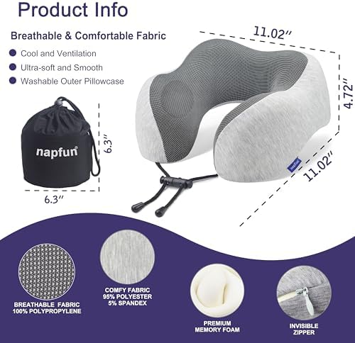 napfun Neck Pillow for Traveling, Upgraded Travel Neck Pillow for Airplane 100% Pure Memory Foam Travel Pillow for Flight Headrest Sleep, Portable Plane Accessories, Light Grey