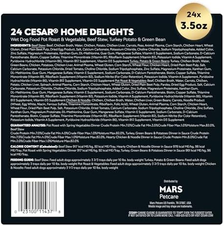 Cesar Home Delights Adult Wet Dog Food, Pot Roast with Spring Vegetables, Beef Stew, Turkey, Green Beans, & Potatoes, and Hearty Chicken & Noodle Variety Pack, 3.5 oz. (24 Count, Pack of 1)