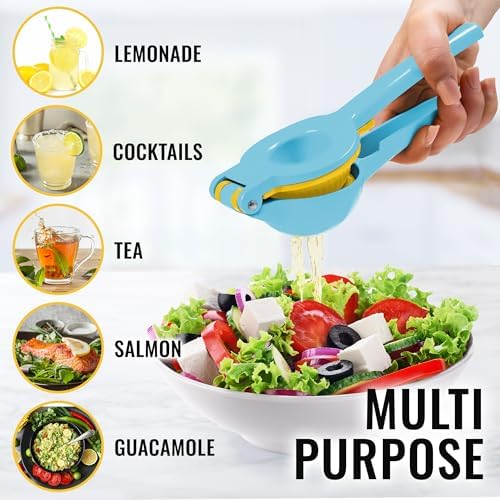 Zulay Metal 2-In-1 Lemon Squeezer Manual - Sturdy, Max Extraction Hand Juicer Lemon Squeezer Gets Every Last Drop - Easy to Clean Manual Citrus Juicer - Easy-to-Use Lemon Juicer Squeezer - Blue/Yellow