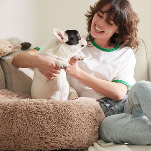 Bedsure Calming Dog Bed Medium Size Dog - Donut Washable Medium Pet Bed, 30 inches Anti-Slip Round Fluffy Plush Faux Fur Cat Bed, Fits up to 45 lbs Pets, Camel