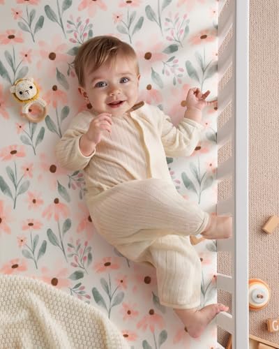 Yoofoss Crib Sheets Girl 2 Pack, 52x28 Fitted Baby Crib Sheet Fits for Standard Crib and Toddler Mattress, Ultra Soft Breathable Microfiber Pink Floral