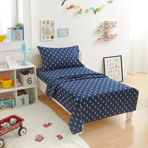 Amazon Basics Kid's Soft Easy-Wash Lightweight Microfiber 3-Piece Sheet Set, Toddler, Navy, White Anchors
