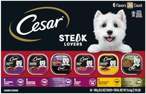 Cesar Wet Dog Food Steak Lovers Variety Pack with Real Meat, 3.5 oz. Trays (36 Count, Pack of 1)